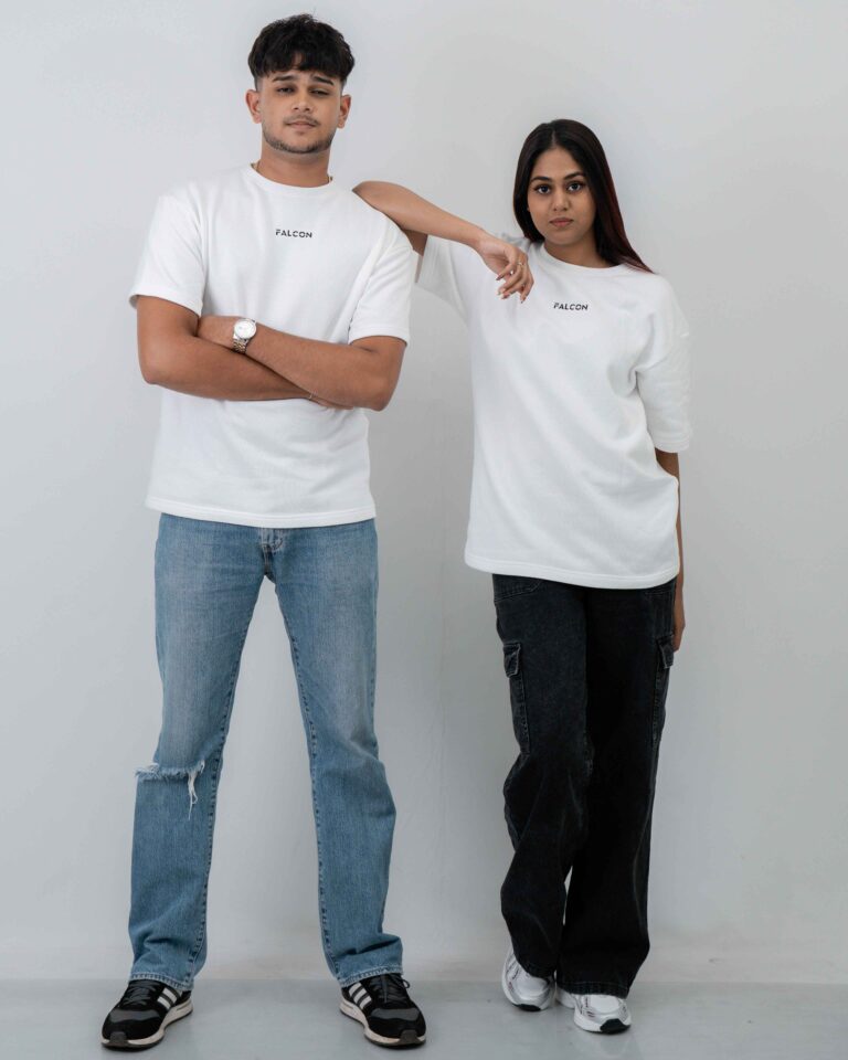 White oversized heavy cotton t-shirt 240 GSM with embroidered logo, front view flat lay
