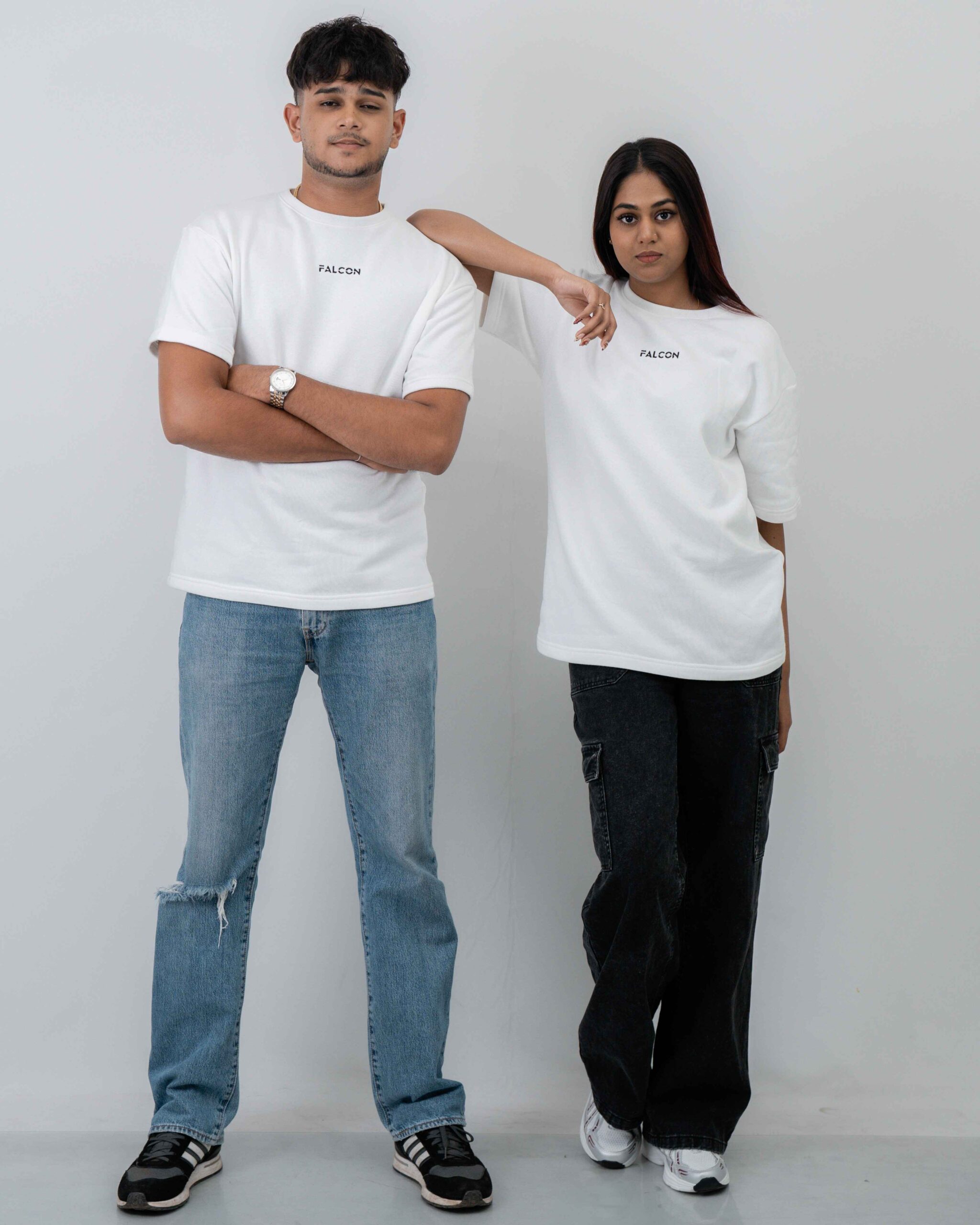 White oversized heavy cotton t-shirt 240 GSM with embroidered logo, front view flat lay